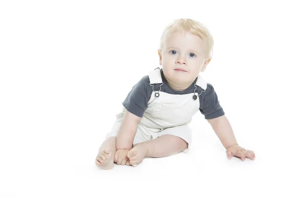 Söt baby med stora blå ögon i denim på vit bakgrund. — Stockfoto