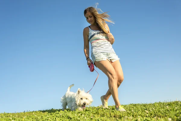 Portrait of beautiful girl keeping pretty white West Highland dog outdoor — Stock Photo, Image