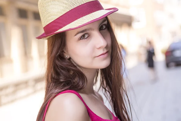 Young happy teenage girl in urban place — Stock Photo, Image