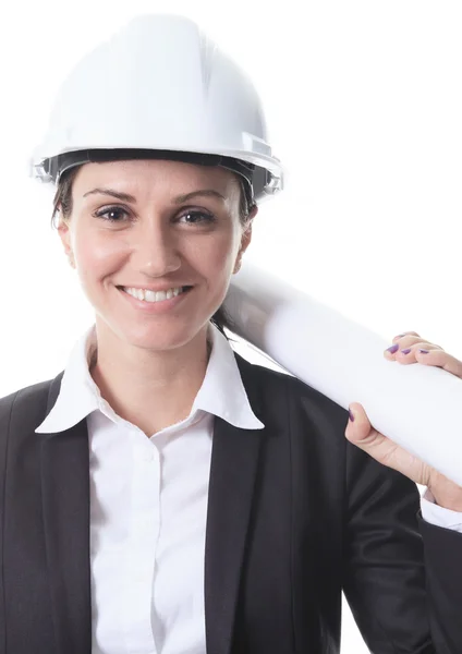 Attractive architect holding blueprints and wearing helmet. All — Stock Photo, Image