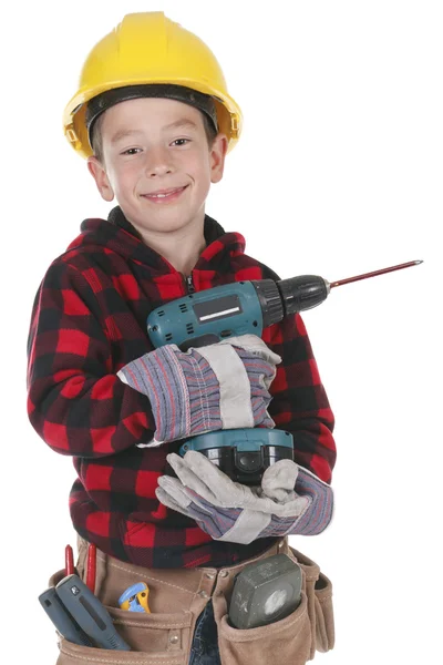 Young boy pretending to be a carpenter — Stock Photo, Image