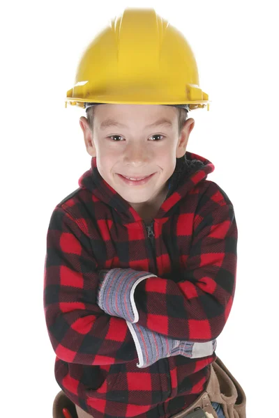 Young boy pretending to be a carpenter — Stock Photo, Image
