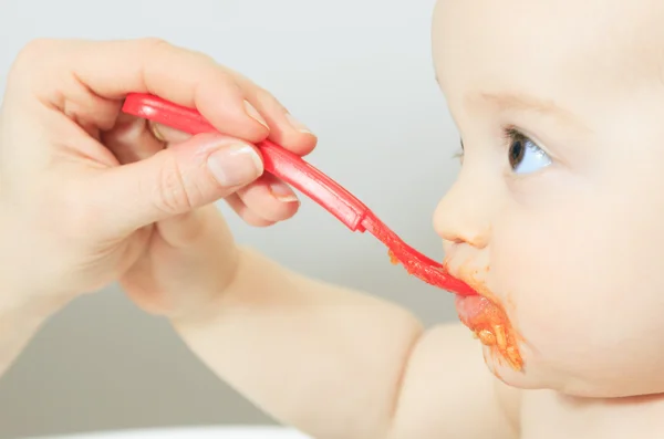 배고픈 6 개월 된 아기가 고체 음식을 먹이 어머니 — 스톡 사진
