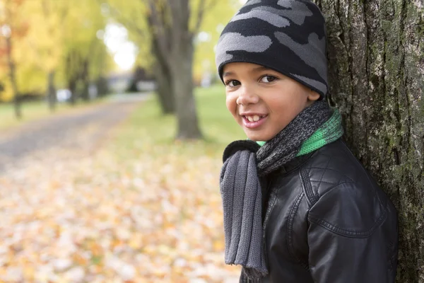 Schattige jongen met najaar bladeren in het park — Stockfoto