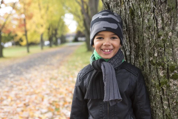 Schattige jongen met najaar bladeren in het park — Stockfoto