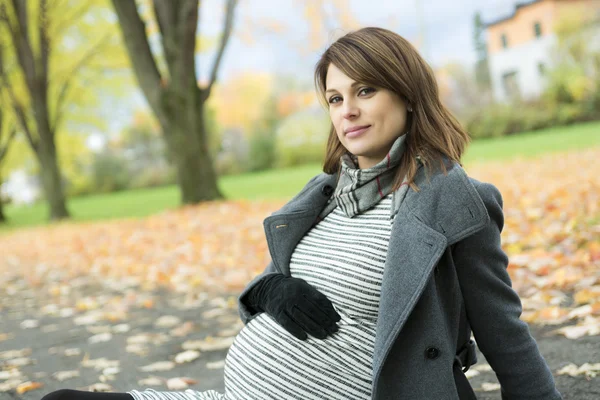 Schöne schwangere Frau im Herbstpark — Stockfoto