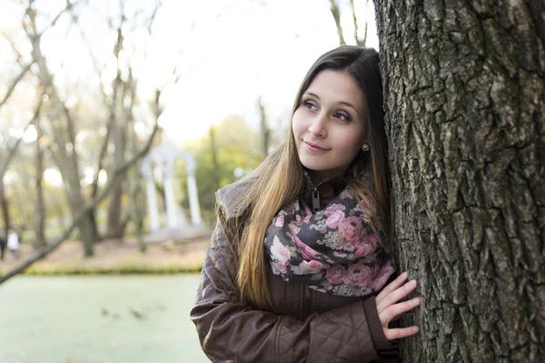 秋の公園で美しい若いブルネットの少女の肖像画. — ストック写真