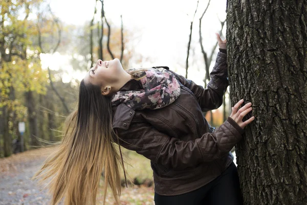 Portrét krásné mladé brunetka v parku na podzim. — Stock fotografie