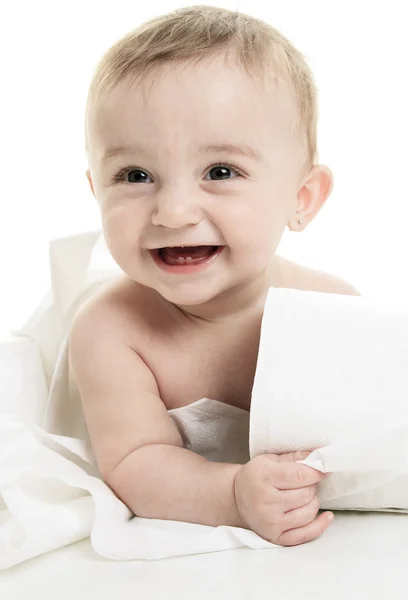 Toddler ripping up toilet paper in bathroom studio — Stock Photo, Image