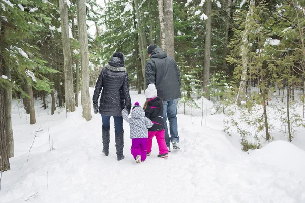 Felices caminatas familiares y jugar con la nieve en el bosque de invierno — Foto de Stock