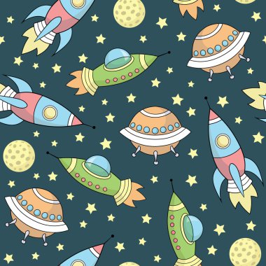 Vektör uzay roketleri, yıldızlar, gezegenler, Uzay gemileri ile seamless modeli
