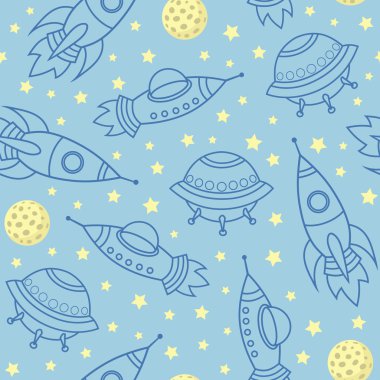 Vektör uzay roketleri, yıldızlar, gezegenler, Uzay gemileri ile seamless modeli