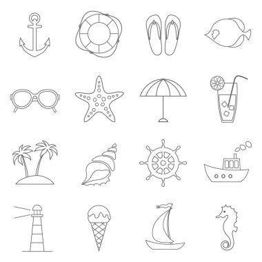 düz deniz, plaj simgeler vektör kümesi