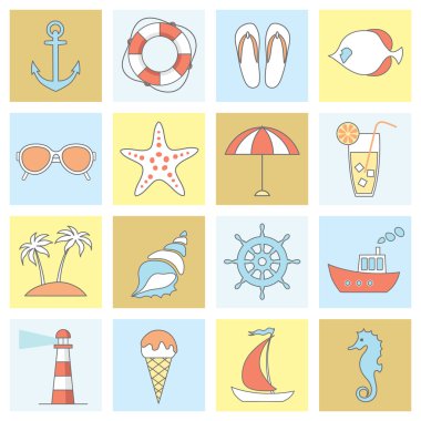 düz deniz, plaj simgeler vektör kümesi