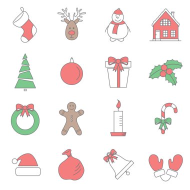 Noel, yeni yıl ince çizgi düz simgeler ile ayarla vektör