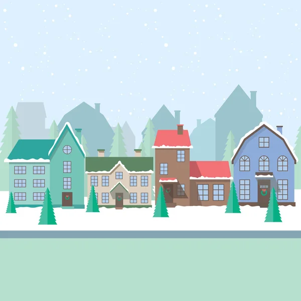 Plochý vektorové ilustrace s vánoční, zimní domy, vektorové kartu, městské krajiny. — Stockový vektor