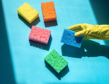 Mavi arka planda renkli temizlik süngeri tutan eldivenli el. Temizlik hizmeti kavramı