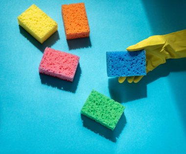 Mavi arka planda renkli temizlik süngeri tutan eldivenli el. Temizlik hizmeti kavramı