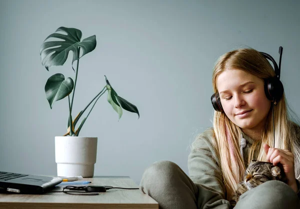 Teenager pige i hovedtelefoner holder hendes kæledyr kat og studerer online hjemme, fjernundervisning og hjemmeundervisning - Stock-foto