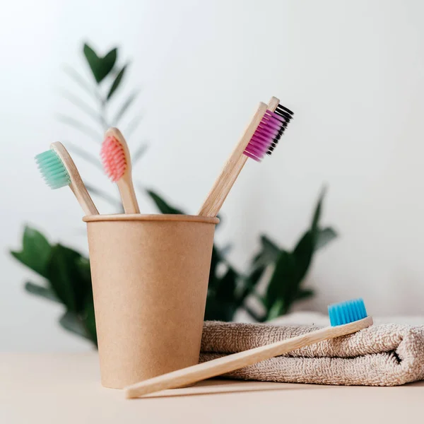 Eco Friendly Bamboo Toothbrushes Different Colors Paper Cup Zero Waste — Stock Photo, Image
