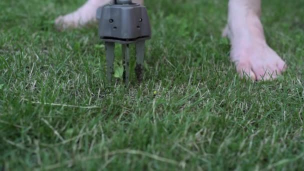Hombre quitando malas hierbas con herramienta manual de deshierbe en su patio trasero. Dispositivo mecánico para eliminar las malas hierbas tirando de la raíz del grifo en el jardín — Vídeo de stock