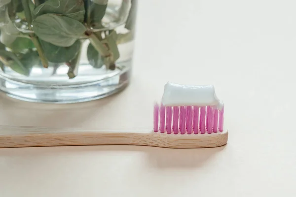 Pink Bamboo Toothbrush Tooth Paste Close Dental Care Zero Waste — Stock Photo, Image