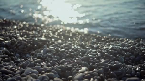 穏やかな海の表面に輝く太陽のボケエの前の小石や岩 — ストック動画