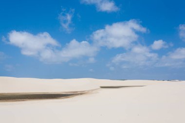 Lencois Maranhenses Ulusal Parkı, Brezilya 'dan beyaz kum tepeleri manzarası. Yağmur suyu gölü. Brezilya manzarası