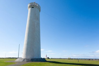 Reykjanes Yarımadası 'ndaki Gardur' daki eski deniz feneri. İzlanda simgesi