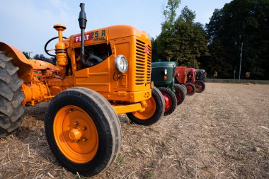 Five old tractors in perspective