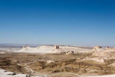 Güzel Mangystau manzarası, Kazakistan. Bozzhira Vadisi manzarası. Asya Panoraması