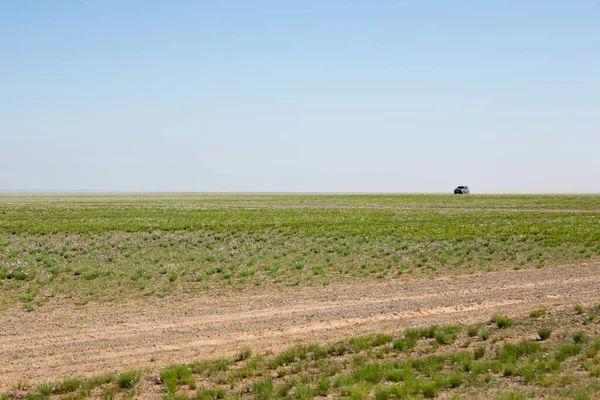 Moğol bozkırında toprak yol, Gobi çölü manzarası, Moğolistan manzarası.