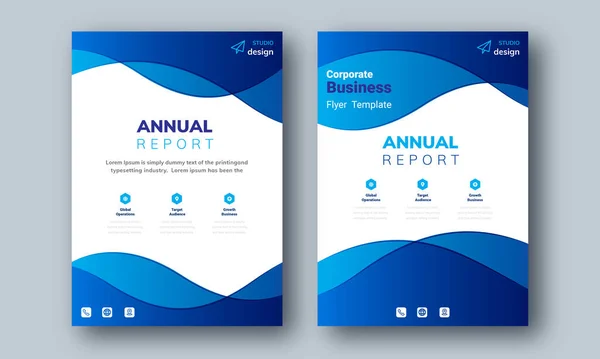 Wave Blue Annual Report Layout Design Template Corporate Business Flyer — Stock Vector