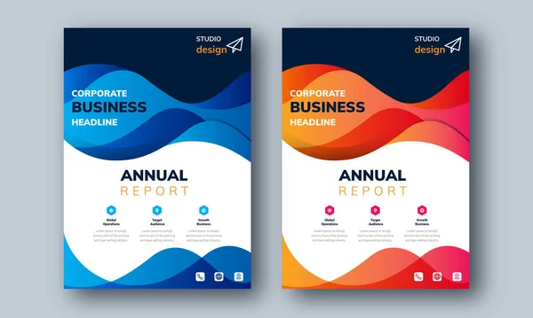 Wave Blue Annual Report Layout Design Template Achtergrond Bedrijfsflyer Catalogus — Stockvector
