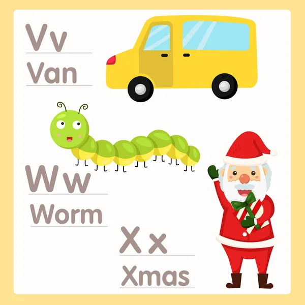 アルファベット ・ ヴァン ・ ワームとクリスマス V W X のイラストレーター — ストックベクタ