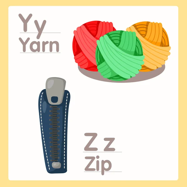 Illustrator van Y Z met garen en zip alfabet — Stockvector