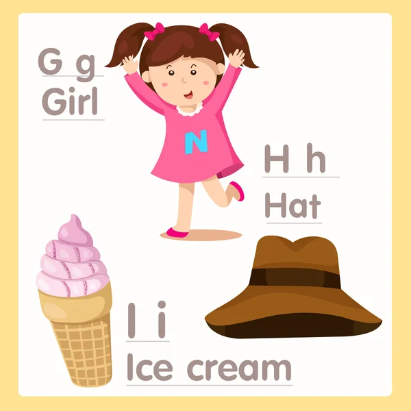 Ilustrador de G H I com alfabeto Girl Hat e sorvete — Vetor de Stock