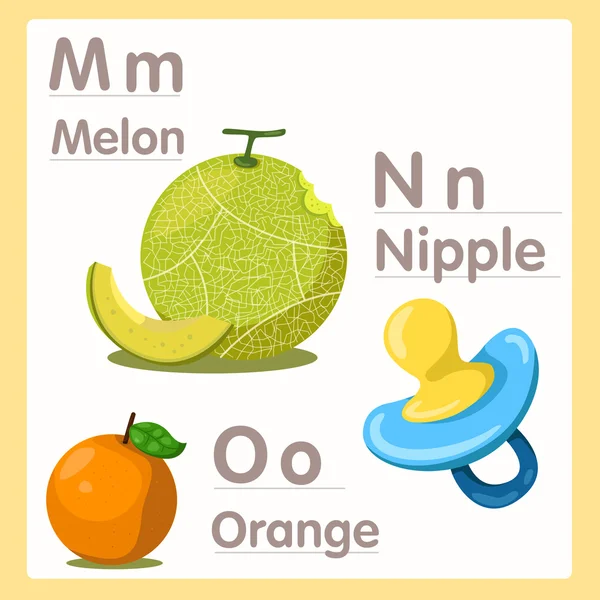 Illustratore di M N O con alfabeto melone capezzolo e arancione — Vettoriale Stock