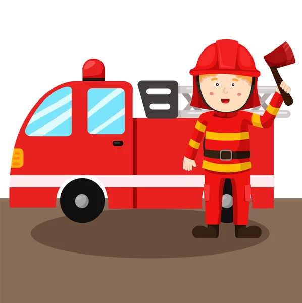 Illustration du pompier et du camion de pompiers — Image vectorielle