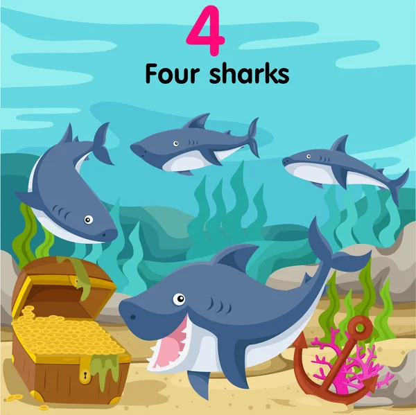番号 4 つのサメのイラストレーター — ストックベクタ