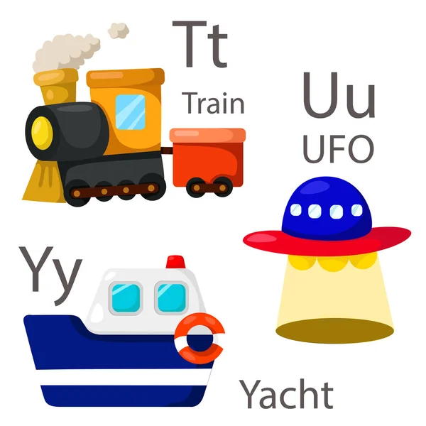 Illustrator járművek készlet 4 vonat, ufo, yacht — Stock Vector