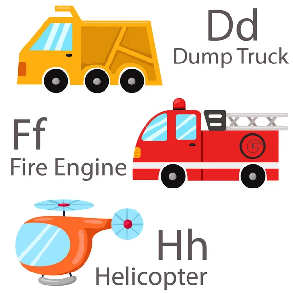 Ilustrasi untuk kendaraan set 2 dengan Dump Truck, mesin pemadam kebakaran, helikopter Stok Ilustrasi 
