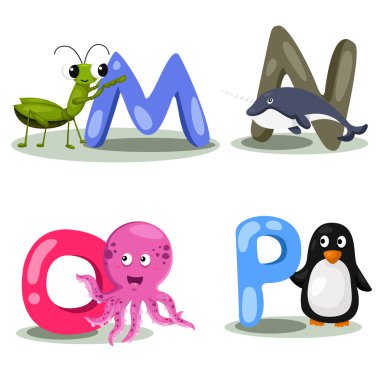Illustrator alfabe hayvan mektup - m, n, o, p