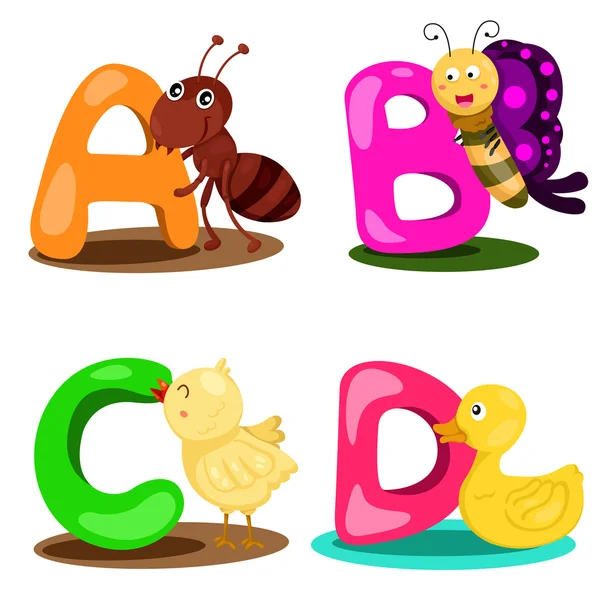 Illustrator alfabetet djur brev - a, b, c, d — Stock vektor