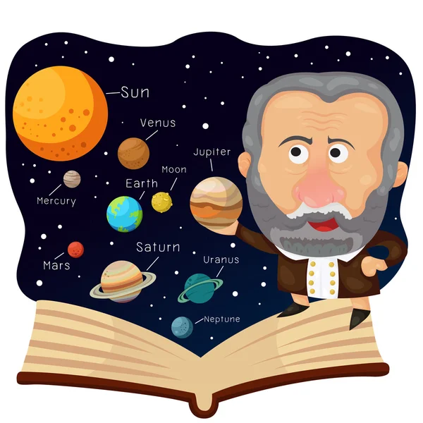 Illustrator of Galileo and book with universe — Stock Vector