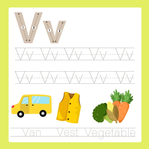 Illustrator of V exercise A-Z cartoon vocabular — Stock Vector