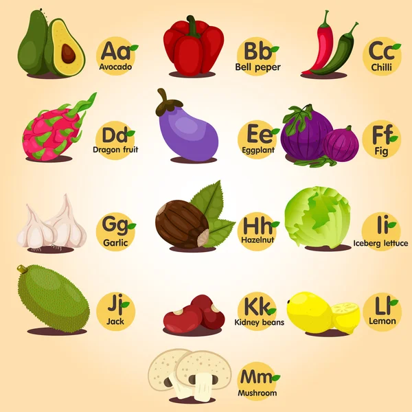 Ilustrador de a-z fruta ana conjunto de legumes um —  Vetores de Stock