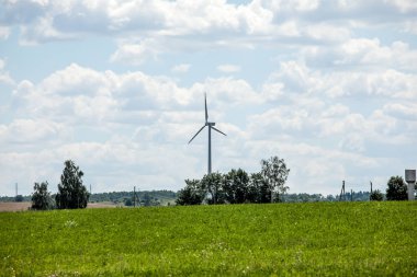 Sazlıkta bir yel değirmeni ve mavi gökyüzü.
