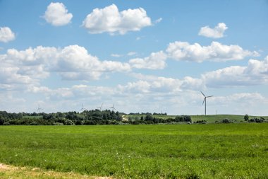 Sazlıkta bir yel değirmeni ve mavi gökyüzü.
