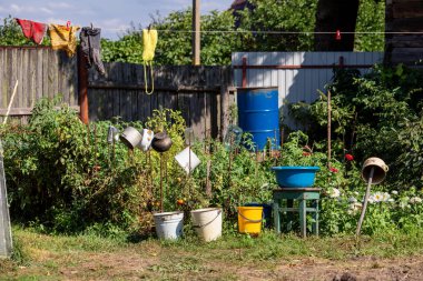 Kovalar, eski alüminyum ve yazın yeşil arka planda demir tencereler. Köylülerin kırsal yaşamı.